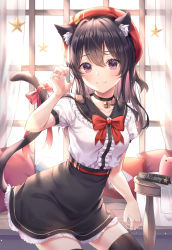 Rule 34 | 1girl, :3, animal ear fluff, animal ears, bell, belt, beret, black choker, black hair, black skirt, black thighhighs, bow, bowtie, cat ears, cat girl, cat tail, center frills, choker, claw pose, closed mouth, collarbone, cowboy shot, frilled shirt, frills, hat, high-waist skirt, highres, indoors, jingle bell, long hair, looking at viewer, neck bell, original, pillow, purple eyes, red bow, red bowtie, red hat, shirt, skirt, smile, solo, soyubee, stuffed toy, table, tail, tail bow, tail ornament, thighhighs, white shirt, window, youtube logo, zettai ryouiki