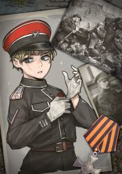 Rule 34 | 1girl, adjusting clothes, adjusting gloves, belt, black coat, blonde hair, blue eyes, brown belt, chevron (symbol), coat, crown of thorns, gloves, hat, hearts of iron, highres, kaiserreich, military, military hat, military uniform, peaked cap, photo inset, pzkpfwi, revision, russian flag, scar, scar on face, solo, sword, uniform, weapon, white hair