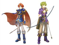 Rule 34 | 2boys, armor, arrow (projectile), boots, bow (weapon), cape, fingerless gloves, fire emblem, fire emblem: the binding blade, gloves, green hair, headband, holding, holding arrow, holding bow (weapon), holding sword, holding weapon, looking at viewer, male focus, multiple boys, nintendo, noki (affabile), pauldrons, red hair, roy (fire emblem), shoulder armor, smile, sword, weapon, wolt (fire emblem)