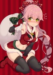 Rule 34 | 1girl, arm warmers, black ribbon, black thighhighs, breasts, flying sweatdrops, fur trim, gloves, hair flaps, kantai collection, kneeling, long hair, minamura haruki, miniskirt, pink hair, ponytail, red background, red footwear, red gloves, red skirt, ribbon, sack, skirt, small breasts, solo, striped, striped background, tank top, thighhighs, very long hair, yellow eyes, yura (kancolle)