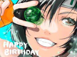 Rule 34 | 1girl, black hair, brown eyes, close-up, commentary request, crazy02oekaki, final fantasy, final fantasy vii, fingerless gloves, gloves, green sweater, grin, hair between eyes, hand up, happy birthday, headband, holding, looking at viewer, materia, one eye closed, orange gloves, partial commentary, portrait, short hair, single bare shoulder, sleeveless, sleeveless turtleneck, smile, solo, sweater, teeth, turtleneck, turtleneck sweater, upper body, v, yuffie kisaragi