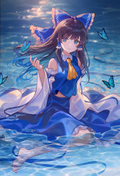 Rule 34 | 1girl, adapted costume, alternate color, ascot, barefoot, blue bow, blue butterfly, blue eyes, blue ribbon, blue shirt, blue skirt, blurry, blurry background, bow, breasts, brown hair, bug, butterfly, collared shirt, depth of field, detached sleeves, frilled bow, frilled hair tubes, frilled skirt, frills, full body, hair bow, hair tubes, hakurei reimu, head tilt, insect, lazuri7, long hair, looking at viewer, medium breasts, partially submerged, player 2, ribbon, shirt, skirt, sleeve ribbon, sleeveless, sleeveless shirt, solo, touhou, twilight, wide sleeves, yellow ascot