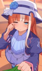 akikawa_yayoi_(umamusume) blue_eyes blue_flower blunt_bangs blurry blurry_background bowler_hat clothes_pull dress eyebrows_hidden_by_hair flower hand_on_own_cheek hand_on_own_face hat hat_flower hayakawa_tazuna highres indoors jacket long_hair long_sleeves multicolored_hair nagaburo_imoni orange_hair rose rubbing_eyes sleepy solo_focus umamusume white_hair