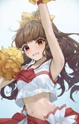 Rule 34 | 1girl, absurdres, arm up, armpits, blunt bangs, bow, brown hair, cheerleader, collarbone, crop top, floating hair, hair bow, high ponytail, highres, idolmaster, idolmaster cinderella girls, idolmaster cinderella girls starlight stage, kamiya nao, long hair, looking at viewer, midriff, navel, open mouth, pleated skirt, pom pom (cheerleading), red eyes, red neckwear, red skirt, shino sto, shirt, skirt, sleeveless, sleeveless shirt, solo, standing, stomach, sweat, very long hair, wavy mouth, white background, white shirt, yellow bow
