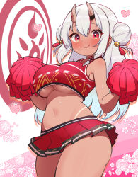 Rule 34 | 1girl, alternate breast size, bell, blush, breasts, cheerleader, commentary request, cowboy shot, double bun, grey hair, hair bell, hair bun, hair ornament, heart, highres, hololive, horns, kani bonara, large breasts, long hair, looking at viewer, microskirt, multicolored hair, nakiri ayame, navel, pleated skirt, pom pom (cheerleading), red eyes, red hair, red skirt, skin-covered horns, skirt, smile, solo, stomach, streaked hair, tan, tanline, underboob, virtual youtuber, white background