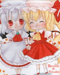 Rule 34 | 2girls, ascot, bad id, bad pixiv id, bat wings, blonde hair, brooch, character name, chibi, closed eyes, dress, erisa, eyelashes, female focus, flandre scarlet, hat, hat ribbon, holding hands, jewelry, light purple hair, looking at viewer, lowres, marker (medium), mob cap, multiple girls, nib pen (medium), open mouth, petticoat, polka dot, puffy short sleeves, puffy sleeves, red eyes, remilia scarlet, ribbon, shikishi, short sleeves, siblings, side ponytail, simple background, sisters, skirt, skirt hold, skirt set, touhou, traditional media, white background, wings, wristband