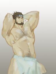 Rule 34 | 1boy, abs, amaimochi, arms behind head, bara, beard, bulge, chest hair, cigarette, covering privates, facial hair, feet out of frame, forehead protector, hairy, highres, konohagakure symbol, large pectorals, looking at viewer, male focus, mature male, muscular, muscular male, naruto (series), naruto shippuuden, navel, navel hair, nipples, nude cover, one eye closed, pectorals, sarutobi asuma, short hair, sketch, solo, stomach, strongman waist, thick eyebrows, v-shaped eyebrows