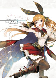 Rule 34 | 10s, 1girl, blonde hair, blue eyes, book, boots, breasts, cape, clarisse (granblue fantasy), copyright name, granblue fantasy, hair ribbon, high heel boots, high heels, highres, knee boots, long hair, one eye closed, ribbon, side ponytail, sideboob, simple background, skirt, smile, solo, standing, standing on one leg, thighhighs, tokiti, v, v over eye, very long hair, zettai ryouiki
