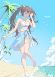 Rule 34 | 1girl, bare arms, bare legs, bare shoulders, beach, bikini, bird, black hair, blue sarong, blue sky, breasts, chinese commentary, cleavage, cloud, collarbone, commentary, double-parted bangs, full body, hand up, holding sandals, horizon, jewelry, laughing, long hair, looking down, lucia (punishing: gray raven), medium breasts, necklace, ocean, open mouth, outdoors, palm leaf, palm tree, punishing: gray raven, red eyes, sand, sandals, sarong, seagull, seashell, shell, shell hair ornament, sky, solo, standing, standing on one leg, star (symbol), star necklace, swimsuit, thigh gap, thigh strap, tree, twintails, unworn sandals, water, waves, white bikini, white footwear, yume 3327
