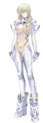 Rule 34 | 1girl, blonde hair, blush, boots, braid, breastless clothes, breasts, c-string, chronicles, closed eyes, embarrassed, full body, highres, large breasts, long hair, muv-luv, muv-luv alternative, sigelinde von fahrenhorst, simple background, single braid, small nipples, solo, standing, strapless bottom, the euro front, white background