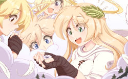 Rule 34 | 1boy, 4girls, angel, angel wings, aqua eyes, blonde hair, blue eyes, blush, breasts, brown eyes, cloud, commentary, english commentary, feathers, fingerless gloves, giant, giantess, gloves, hair ornament, hair over one eye, halo, highres, holding person, leaf hair ornament, long hair, medium breasts, multiple girls, open mouth, original, purple eyes, raised eyebrows, raps (yohomeboyraps), robe, size difference, smile, tree, upper body, white feathers, wings