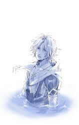 Rule 34 | 1boy, armor, blue eyes, blue theme, chain necklace, final fantasy, final fantasy x, hood, hood down, hooded jacket, jacket, jewelry, looking at viewer, male focus, monochrome, nakagawa waka, necklace, overalls, parted bangs, parted lips, partially submerged, short hair, shoulder armor, solo, tidus, upper body, water, wet, wet clothes, wet hair