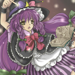Rule 34 | 1girl, book, braid, crescent hat ornament, female focus, hat, hat ornament, if they mated, kirisame marisa, long hair, patchouli knowledge, purple hair, ribbon, solo, touhou, twin braids, witch, witch hat, yellow eyes, yoshino naika
