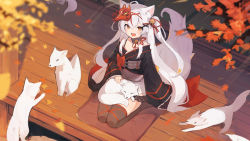Rule 34 | 1girl, :3, ahoge, animal, animal ears, animal on lap, autumn, autumn leaves, bell, black kimono, black thighhighs, bow, collar, commentary, commission, fox, fox ears, fox girl, fox mask, fox tail, from above, full body, hair bell, hair ornament, hair ribbon, hairclip, indie virtual youtuber, japanese clothes, jingle bell, kamiko kana, kimono, lansane, long hair, mask, mask on head, multicolored hair, neck bell, off shoulder, on lap, open mouth, outdoors, ribbon, seiza, sitting, skeb commission, sliding doors, solo, streaked hair, tail, thighhighs, two side up, virtual youtuber, white hair, x hair ornament, yellow eyes