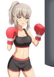 Rule 34 | 10s, 1girl, bare shoulders, blue eyes, blush, boxing, boxing gloves, breasts, brown hair, cleavage, girls und panzer, hiromon, itsumi erika, long hair, looking at viewer, navel, open mouth, ponytail, punching bag, shorts, solo, standing, tank top