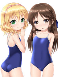 Rule 34 | 2girls, :o, arms behind back, ass, back, blonde hair, blue one-piece swimsuit, blush, bow, brown eyes, brown hair, collarbone, competition school swimsuit, covered navel, cowboy shot, flat chest, gluteal fold, green eyes, hair between eyes, hair bow, hairband, half updo, hand on own face, hand to own mouth, hand up, head tilt, highres, idolmaster, idolmaster cinderella girls, long hair, looking at viewer, looking back, multiple girls, one-piece swimsuit, parted bangs, sakurai momoka, school swimsuit, shiny clothes, shiny skin, shoulder blades, sidelocks, simple background, smile, swimsuit, tachibana arisu, twisted torso, u2 (5798239)