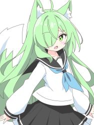 1girl ahoge animal_ear_fluff animal_ears black_sailor_collar black_skirt blue_neckerchief blush closed_mouth commentary_request cowboy_shot dot_nose fox_ears fox_girl fox_tail frilled_skirt frills green-haired_fox_girl_(kotatsu-mazoku) green_eyes green_hair hair_over_one_eye highres kotatsu-mazoku long_hair long_sleeves looking_at_viewer neckerchief original pleated_skirt sailor_collar school_uniform serafuku shirt simple_background skirt solo tail white_background white_shirt