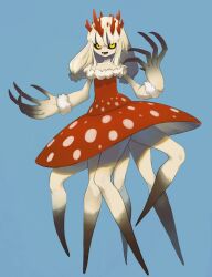 Rule 34 | 1girl, antlers, black sclera, blonde hair, blue background, claws, colored sclera, colored skin, daon (kenta111881), dress, fly agaric, full body, fur-trimmed dress, fur cuffs, fur trim, hands up, highres, horns, long fingers, long hair, looking at viewer, monster girl, multicolored skin, multiple legs, mushroom, mushroom girl, no feet, off shoulder, open mouth, original, oversized limbs, red dress, sidelocks, simple background, solo, standing, strapless, yellow eyes