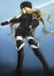 Rule 34 | 1girl, black gloves, black legwear, blue background, boots, fur hat, fur trim, gloves, hand on own hip, hat, high heel boots, high heels, kolin, long hair, looking at viewer, outstretched arm, pale skin, simple background, solo, street fighter, street fighter v, thigh gap, thighs, uno usaya, ushanka, very long hair