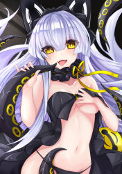 Rule 34 | 1girl, :d, absurdres, azur lane, bare arms, bare shoulders, black panties, blue hair, breasts, cleavage, collarbone, commentary request, fang, groin, hair between eyes, hands up, headgear, highres, holding, long hair, looking at viewer, medium breasts, navel, observer alpha (azur lane), open mouth, panties, ribbon, ryara, siren (azur lane), smile, solo, suction cups, tentacles, tongue, tongue out, underwear, very long hair, yellow eyes, yellow ribbon