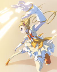 Rule 34 | 00s, 1girl, blonde hair, brooch, brown eyes, bug, butterfly, cone hair bun, cure lemonade, curly hair, double bun, dress, earrings, female focus, fighting stance, flower, foreshortening, full body, gloves, gradient background, hair bun, hair ornament, hairpin, insect, jewelry, kasugano urara (yes! precure 5), kneeling, long hair, magic, magical girl, nekomamire, precure, red flower, red rose, rose, serious, shoes, solo, thighhighs, twintails, yellow thighhighs, yes! precure 5