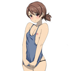 Rule 34 | 1girl, bare shoulders, black panties, blouse, blush, breasts, breasts out, brown eyes, brown hair, closed mouth, collarbone, cowboy shot, frown, girls und panzer, grey shirt, highres, kawanishi shinobu, looking at viewer, nipples, no bra, onsen tamago (hs egg), panties, ponytail, shiny skin, shirt, short hair, short ponytail, simple background, skindentation, small breasts, solo, standing, swept bangs, tank top, underwear, underwear only, upper body, white background