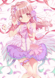 Rule 34 | 1girl, absurdres, arm strap, artist name, artist request, back bow, bare shoulders, blush, bow, bowtie, brown eyes, brown hair, cowboy shot, dress shirt, feathered wings, feathers, female focus, flower, grey hair, hair bow, hair flower, hair ornament, hair ribbon, head tilt, heart, highres, layered skirt, legs together, light brown hair, long hair, looking at viewer, love live!, love live! school idol festival, love live! school idol project, minami kotori, minami kotori (bird), miniskirt, multicolored clothes, multicolored skirt, nekomeron, pink bow, pink bowtie, pink skirt, pleated skirt, purple feathers, purple flower, ribbon, shirt, skirt, sleeveless, sleeveless shirt, smile, solo, standing, striped bow, striped bowtie, striped clothes, turtleneck, very long hair, white bow, white ribbon, white shirt, wings