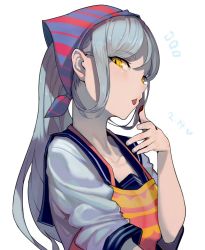 Rule 34 | 1girl, abyssal ship, apron, chocolate, commentary request, food on hand, grey hair, kantai collection, kerchief, licking, licking finger, long hair, looking at viewer, sailor collar, sailor shirt, shirt, sidelocks, solo, ta-class battleship, tongue, tongue out, upper body, walzrj, white background, yellow eyes