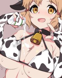 Rule 34 | 1girl, animal ears, animal print, bare shoulders, bell, bikini, blush, breasts, brown hair, cleavage, collar, commentary request, covered erect nipples, cow ears, cow horns, cow print, cowbell, hair ornament, hairclip, horns, kuro mushi, large breasts, looking at viewer, milk, neck bell, open mouth, orange eyes, senki zesshou symphogear, shiny skin, short hair, solo, sweat, swimsuit, tachibana hibiki (symphogear), upper body