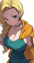 Rule 34 | 1girl, artist name, bianca (dq5), blonde hair, blue eyes, braid, braided ponytail, breasts, choker, cleavage, collarbone, commentary, dragon quest, dragon quest v, dress, earrings, green dress, grey choker, hata4564, highres, jewelry, large breasts, looking at viewer, parted lips, simple background, solo, white background