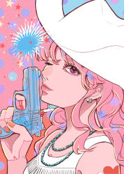 Rule 34 | 1girl, brown nails, commentary, cowboy hat, earrings, english commentary, finger on trigger, firing, from side, hat, heart, highres, holding, holding water gun, jewelry, long hair, looking at viewer, one eye closed, original, pink background, pink hair, pink lips, polka dot, polka dot background, red eyes, shiraco (sgdv2435), smile, solo, star (symbol), tank top, water, water gun, white tank top