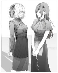 Rule 34 | 2girls, blush, breasts, closed mouth, dress, eyebrows hidden by hair, eyepatch, fate/grand order, fate (series), greyscale, hair ornament, highres, long hair, looking at viewer, mash kyrielight, monochrome, multiple girls, open mouth, ophelia phamrsolone, short hair, skirt, smile, syatey