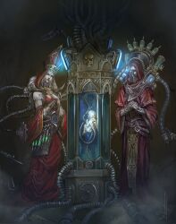 Rule 34 | 1girl, 2boys, absurdres, adeptus mechanicus, baby, cable, cloak, cyborg, hat, highres, hooded robe, husband and wife, looking at another, mechanical arms, mechanical parts, mechanical tentacles, mitre, multiple boys, nictanova, red cloak, respirator, robe, standing, submerged, syringe holster, warhammer 40k