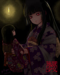 Rule 34 | 1girl, black hair, blunt bangs, candle, candlelight, character doll, copyright name, dated, doll, enma ai, floral print, hime cut, holding, holding doll, japanese clothes, jigoku shoujo, keinyan, kimono, logo, long hair, obi, print kimono, red eyes, sash, signature, wide sleeves