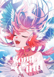 Rule 34 | 1girl, animal ears, ayasaka saaya, bare shoulders, bird ears, blue background, blue feathers, blue nails, blush, choker, commentary request, copyright name, closed eyes, feathers, fingernails, harpy, highres, long fingernails, long hair, monster girl, music, nail polish, open mouth, original, red choker, red feathers, red hair, singing, solo, winged arms, wings