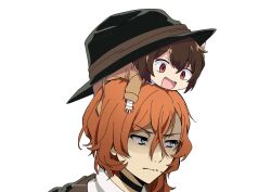 Rule 34 | 2boys, bandaged hand, bandages, black headwear, blue eyes, brown hair, bungou stray dogs, closed mouth, dazai osamu (bungou stray dogs), hat, highres, multiple boys, nakahara chuuya, on head, open mouth, orange hair, person on head, red eyes, seirense34, short hair, v-shaped eyebrows, white background