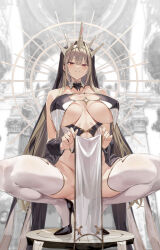 Rule 34 | 1girl, bare shoulders, black footwear, black headwear, breast curtains, breasts, brown hair, clothes lift, commentary, covered erect nipples, double-parted bangs, hair between eyes, hair intakes, hair ornament, high heels, highres, hiiragi yuuichi, huge breasts, long hair, looking at viewer, no panties, nun, open mouth, original, pelvic curtain, pelvic curtain lift, red eyes, revealing clothes, smile, solo, squatting, thick thighs, thighhighs, thighs, veil, white thighhighs