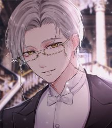 Rule 34 | 1boy, :d, black jacket, blurry, blurry background, formal, glasses, grin, highres, indoors, jacket, long sleeves, looking at viewer, male focus, meixallen, mole, open mouth, polo shirt, shirt, short hair, smile, tears of themis, teeth, vyn richter (tears of themis), white hair, white shirt, yellow eyes