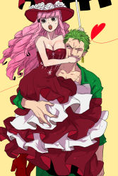 Rule 34 | 1boy, 1girl, :o, alternate color, bare shoulders, black eyes, breast press, breasts, carrying, cleavage, covering another&#039;s mouth, dress, drill hair, earrings, eyelashes, flower, frilled dress, frills, green hair, hand over another&#039;s mouth, hat, hat flower, heart, jewelry, large breasts, long hair, one-eyed, one eye closed, one piece, open mouth, parasol, perona, pink hair, red dress, roronoa zoro, rose, scar, scar across eye, scar on face, strapless, strapless dress, top hat, umbrella, white flower, white rose, xla009