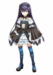 Rule 34 | 1girl, 5pb., aqua eyes, bare shoulders, blue flower, blue rose, blue thighhighs, detached collar, disorder 6, dress, female focus, flower, frilled dress, frills, full body, hair between eyes, hairband, legs, long hair, long sleeves, looking at viewer, mariwo (disorder 6), nagahama megumi, official art, puffy sleeves, purple hair, rose, shoes, simple background, solo, standing, thighhighs, white background, zettai ryouiki