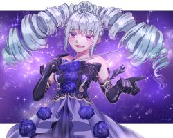 Rule 34 | 1girl, :d, amou june, bad id, bad pixiv id, bare shoulders, black bow, blue flower, blush, bow, braid, breasts, dress flower, drill hair, elbow gloves, flower, gloves, highres, looking at viewer, medium breasts, musical note, open mouth, outstretched hand, pretty series, pretty rhythm, pretty rhythm rainbow live, purple eyes, purple theme, ronpu cooing, smile, solo, standing, twin drills, twintails, wand, white gloves
