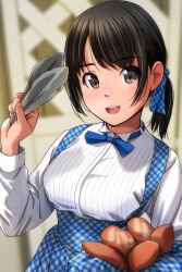 Rule 34 | 1girl, absurdres, apron, black hair, blue bow, blue bowtie, blurry, blurry background, blush, bow, bowtie, bread, brown eyes, food, hair ribbon, highres, holding, holding tongs, long sleeves, looking at viewer, matsunaga kouyou, medium hair, open mouth, original, ponytail, ribbed shirt, ribbon, shirt, smile, solo, striped, teeth, tongs, upper body, upper teeth only, vertical stripes, white shirt