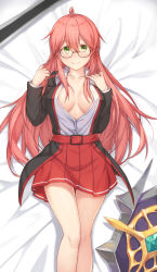 Rule 34 | ahoge, bed sheet, breasts, cleavage, collarbone, dress shirt, dungeon and fighter, from above, glasses, green eyes, hair between eyes, hallohi, highres, knight (dungeon and fighter), large breasts, long hair, looking at viewer, lying, miniskirt, on back, open clothes, open shirt, pink hair, pleated skirt, red skirt, semi-rimless eyewear, shirt, skirt, smile, solo, under-rim eyewear, very long hair, white shirt