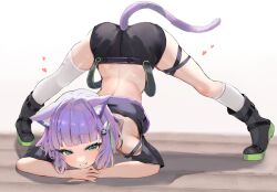 Rule 34 | 1girl, absurdres, animal ears, ass, black footwear, black shirt, black shorts, boots, cat ears, cat girl, cat tail, full body, green eyes, green hair, highres, indie virtual youtuber, jack-o&#039; challenge, kneehighs, looking at viewer, multicolored hair, purple hair, second-party source, shirt, short hair, shorts, shwaa, single kneehigh, single sock, single thighhigh, smile, socks, strap slip, tail, thigh strap, thighhighs, top-down bottom-up, two-tone hair, virtual youtuber, w (1999 kyu), white socks, white thighhighs