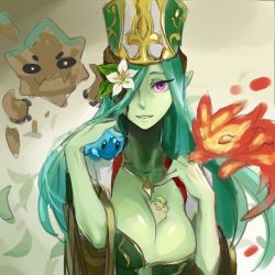 Rule 34 | 1girl, armadel (p&amp;d), bad id, bad pixiv id, between breasts, bird, breasts, cleavage, colored skin, flower, green skin, hair flower, hair ornament, hair over one eye, hat, kachina, large breasts, monster girl, plant girl, pointy ears, purple eyes, puzzle &amp; dragons, solo