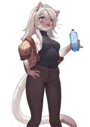 Rule 34 | 1girl, animal ears, black pants, blush, bottle, cat ears, cat girl, cat tail, claws, etivka, eyes visible through hair, fang, feet out of frame, female focus, furry, furry female, hand on own hip, highres, holding, holding bottle, off shoulder, open clothes, open mouth, open shirt, original, pants, purple eyes, simple background, sleeveless, solo, tail, turtleneck, water bottle, whiskers, white background