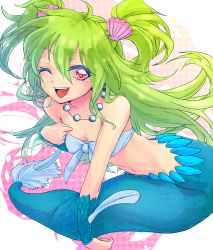 Rule 34 | 1girl, ;d, bad id, bad pixiv id, blush, breasts, clam, cleavage, gem, green hair, hair ornament, jewelry, licoly, long hair, mermaid, monster girl, muromi-san, namiuchigiwa no muromi-san, navel, necklace, one eye closed, open mouth, pearl (gemstone), red eyes, seashell, shell, smile, solo, twintails, two side up, underwater, v, very long hair, wink