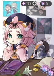 Rule 34 | 1girl, absurdres, albedo (genshin impact), animal ear fluff, animal ears, bangs pinned back, blue eyes, cat ears, cat girl, cat tail, coin hair ornament, commentary request, detached sleeves, diona (genshin impact), flower, genshin impact, gorou (genshin impact), hair ornament, hands on own cheeks, hands on own face, hat, highres, klee (genshin impact), lamp chocolate, money, pink hair, primogem, puffy detached sleeves, puffy sleeves, solo, tail, thick eyebrows, white flower