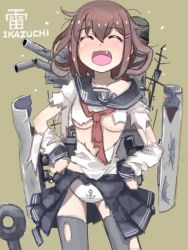 Rule 34 | 10s, 1girl, :d, ^ ^, alternate legwear, anchor, anchor symbol, blush, brown hair, character name, closed eyes, fang, hair ornament, hairclip, hands on own hips, ikazuchi (kancolle), kantai collection, laughing, mistrail, open mouth, panties, personification, print panties, school uniform, serafuku, shirt, short hair, skirt, smile, solo, thighhighs, torn clothes, torn shirt, torn skirt, torn thighhighs, underwear, white panties