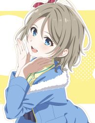 Rule 34 | 1girl, blue eyes, blush, bow, brown hair, collar, highres, hood, itsuka (itsuka 000), jacket, looking at viewer, love live!, love live! sunshine!!, short hair, simple background, smile, solo, watanabe you, wavy hair